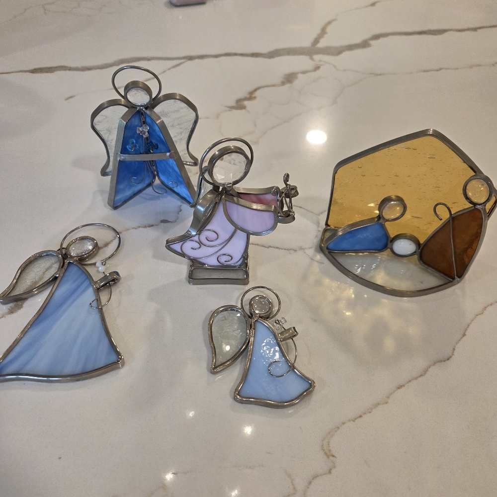 Leaded Stained Glass Angels and Nativity Set Christmas